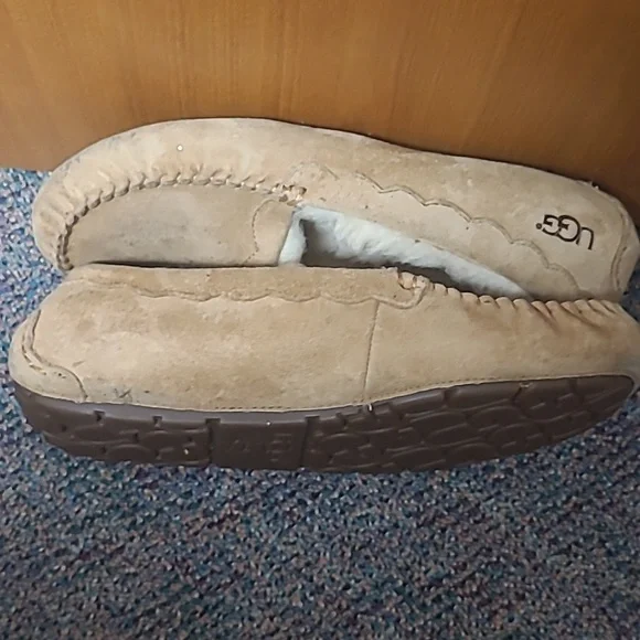 UGG Ansley Tan Suede Wool Moccasin Slippers - Picture 6 of 11